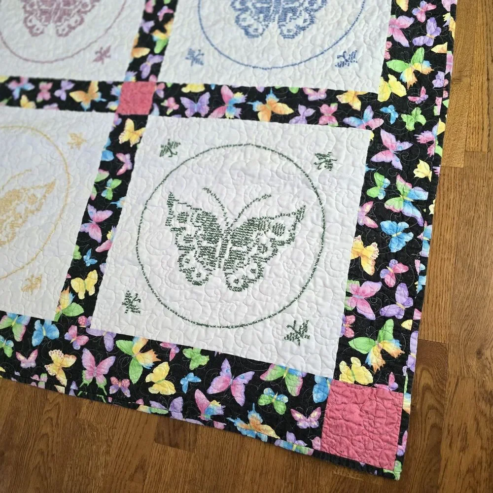 Handmade Quilt Set 80x80 Cross Stitch Butterflies w/ Matching Pillows Girls Room